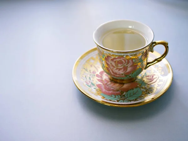 Romantikus Tea Idő Banner Vintage Rózsaszín Rózsa Porcelán Tea Csésze — Stock Fotó