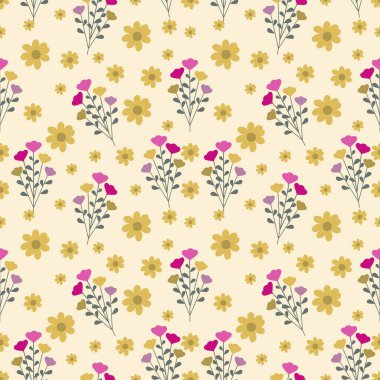Çiçeksiz desen, çiçek dalları pürüzsüz desen, vektör, illüstrasyon, çiçek desenli desen renkli küçük çiçeklerle kusursuz çiçek deseni. Basit düz parlak çiçek arkaplanı