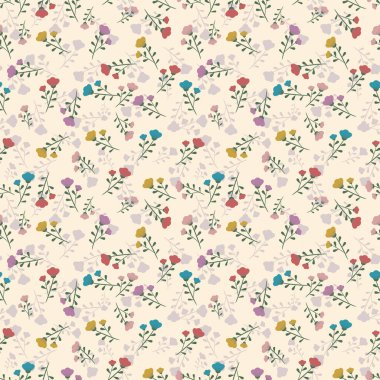 Çiçeksiz desen, çiçek dalları pürüzsüz desen, vektör, illüstrasyon, çiçek desenli desen renkli küçük çiçeklerle kusursuz çiçek deseni. Basit düz parlak çiçek arkaplanı