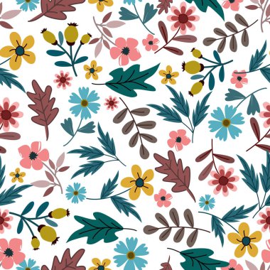 Çiçek desenleri pürüzsüz, çiçek dalları pürüzsüz desen, vektör, illüstrasyon, çiçek desenli desen renkli küçük çiçeklerle kusursuz çiçek deseni. Basit düz parlak çiçek arkaplanı