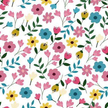 Çiçek desenleri pürüzsüz, çiçek dalları pürüzsüz desen, vektör, illüstrasyon, çiçek desenli desen renkli küçük çiçeklerle kusursuz çiçek deseni. Basit düz parlak çiçek arkaplanı