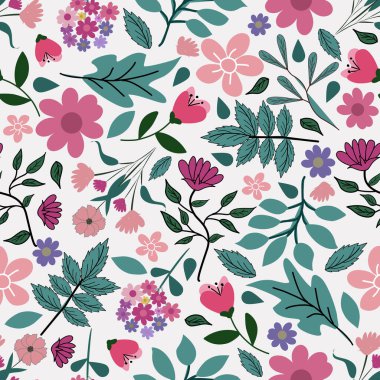 Çiçek desenleri pürüzsüz, çiçek dalları pürüzsüz desen, vektör, illüstrasyon, çiçek desenli desen renkli küçük çiçeklerle kusursuz çiçek deseni. Basit düz parlak çiçek arkaplanı