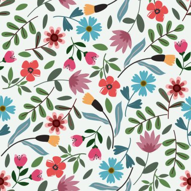 Çiçek desenleri pürüzsüz, çiçek dalları pürüzsüz desen, vektör, illüstrasyon, çiçek desenli desen renkli küçük çiçeklerle kusursuz çiçek deseni. Basit düz parlak çiçek arkaplanı