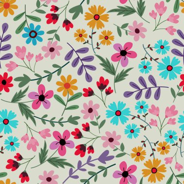 Çiçek desenleri pürüzsüz, çiçek dalları pürüzsüz desen, vektör, illüstrasyon, çiçek desenli desen renkli küçük çiçeklerle kusursuz çiçek deseni. Basit düz parlak çiçek arkaplanı