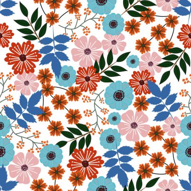 Çiçek desenleri pürüzsüz, çiçek dalları pürüzsüz desen, vektör, illüstrasyon, çiçek desenli desen renkli küçük çiçeklerle kusursuz çiçek deseni. Basit düz parlak çiçek arkaplanı