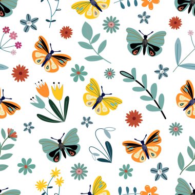 Estetik, kelebek desenli desenli desenli, çiçek desenli, dikişsiz desenli, renkli küçük çiçekli, dikişsiz çiçek desenli. Basit düz parlak çiçek arkaplanı