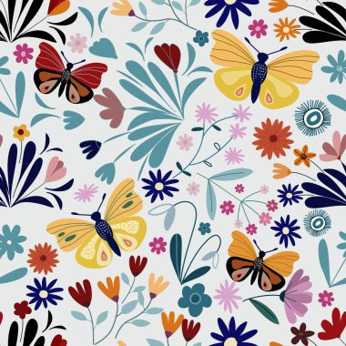 Estetik, kelebek desenli desenli desenli, çiçek desenli, dikişsiz desenli, renkli küçük çiçekli, dikişsiz çiçek desenli. Basit düz parlak çiçek arkaplanı