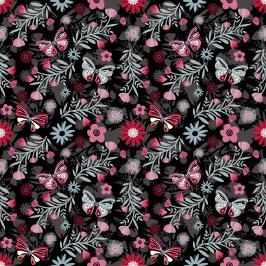 Estetik, kelebek desenli desenli desenli, çiçek desenli, dikişsiz desenli, renkli küçük çiçekli, dikişsiz çiçek desenli. Basit düz parlak çiçek arkaplanı