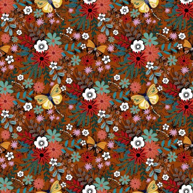 Estetik, kelebek desenli desenli desenli, çiçek desenli, dikişsiz desenli, renkli küçük çiçekli, dikişsiz çiçek desenli. Basit düz parlak çiçek arkaplanı