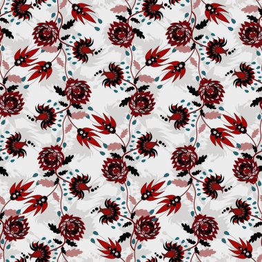 Çiçeksiz çiçek deseni, folklor çiçekleri. Etnik çiçekler, beyaz arka planda geleneksel Jacobean tarzı. Klasik Hint motifleri, trend vektör illüstrasyonu