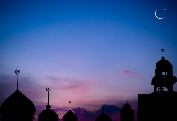 Mosques Dome,Crescent Moon on Sunset Twilight Sky Background,Islamic New Year Muharram,Islamic Religion Symbols Ramadan and Arabic,Eid al-Adha,Eid al-fitr,Mubarak,Kareem Holy Muslim,Mubarak God.
