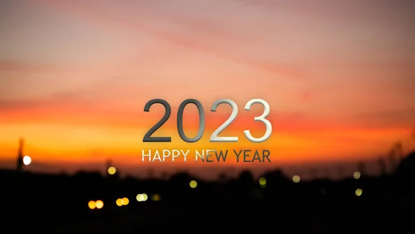 2023 Happy New Year Text Night City Bokeh Background Card — Stok Foto