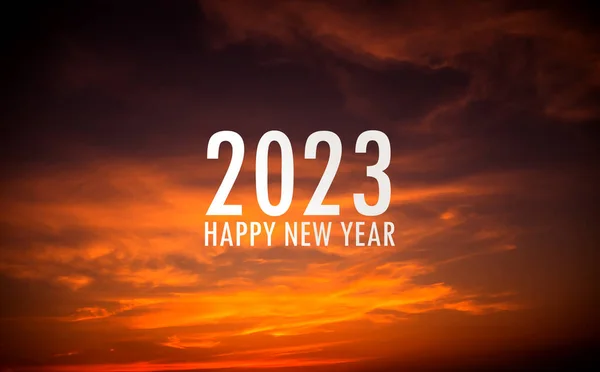2023 Gelukkig Nieuwjaar Tekst Avondhemel Zonsondergang Achtergrond Kaartposter Feestelijke Kerst — Stockfoto