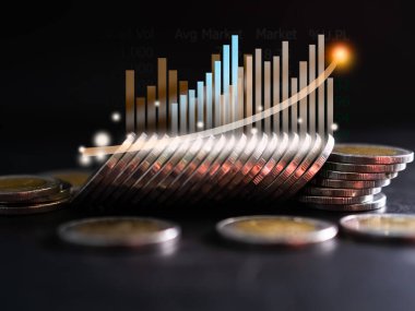 Kara Arkaplanda Şamdanlı Yığın Parası, Grafik Veri Borsası Borsası Forex Bitcoin Kripto Para Planlama Yatırım Nakiti, İş veya Finans Teknolojisi Konsepti.