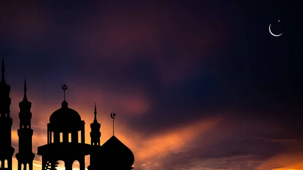 Dôme Des Mosquées Croissant Lune Coucher Soleil Twilight Sky Background — Photo