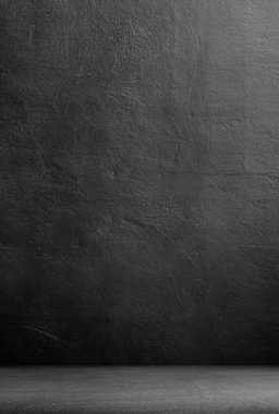 Boş Mutfak Odası Stüdyo Atölyesi Arkaplanı, Yapı Masasındaki Açık Gölge Gri Duvar, Siyah Beyaz Masa Mermer Şablonu Sunum için Eski Beton Döşeme, Çimento Taşı Madde Gri.