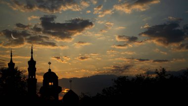 Islamic Architecture Celebration Background,Shadow Bulding Mosques Dome with Crescent Moon and Star on Gold Twilight Sunset Background,Ramadan Night,Muslim Traditinal,Mubarak,New Year Muharram.