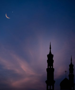 Islamic Architecture Celebration Background,Shadow Bulding Mosques Dome with Crescent Moon and Star on Gold Twilight Sunset Background,Ramadan Night,Muslim Traditinal,Mubarak,New Year Muharram.