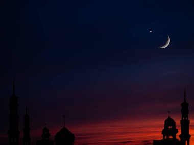 Islamic Architecture Celebration Background Concept,Design Landscape Ramadan Silhouette Building Mosques Dome,Crescent Moon Sky on Sunset,New Year Muharram Religion,Arabic,Eid Al-Adha,Mubarak Muslim.