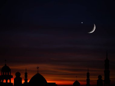 Islamic Architecture Celebration Background Concept,Design Landscape Ramadan Silhouette Building Mosques Dome,Crescent Moon Sky on Sunset,New Year Muharram Religion,Arabic,Eid Al-Adha,Mubarak Muslim.