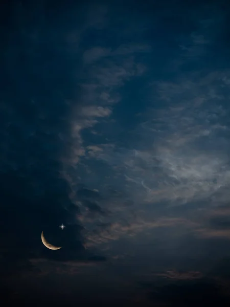 Islamic Background Concept,Gold Cloud Sky with Crescent Moon and Star ramadan Religious symbols,Sunrise Twilight Eventing,for Arabic Muslim Holy,Eid ai-fitr,New year Muharram Mubarak.