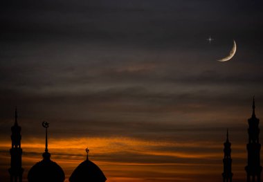 Islamic Architecture Celebration Background Concept,Design Landscape Ramadan Silhouette Building Mosques Dome,Crescent Moon Sky on Sunset,New Year Muharram Religion,Arabic,Eid Al-Adha,Mubarak Muslim.
