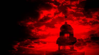 Islamic Architecture Celebration Background Concept,Design Ramadan Silhouette Building Mosques Dome on Dark Red Night,New Year Muharram Religion,Arabic,Eid Al-Adha,Mubarak Muslim.