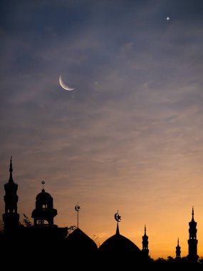 Islamic Architecture Celebration Background Concept,Design Landscape Ramadan Silhouette Building Mosques Dome,Crescent Moon Sky on Sunset,New Year Muharram Religion,Arabic,Eid Al-Adha,Mubarak Muslim.