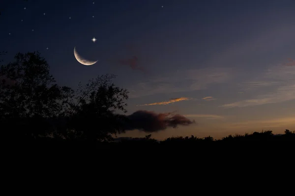 Ramadan Σύμβολα Υποβάθρου Πρόσφατη Σελήνη Αστέρι Στη Μαύρη Νύχτα Ηλιοβασίλεμα — Φωτογραφία Αρχείου