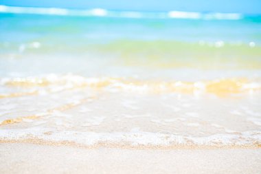 Deniz Arkaplanı Kumsalı, Beyaz Dalga ve Mavi Okyanusla Sahil Yazı Turizm İçin Güzel Deniz Pelerini Turistik Tatil Doğası, Sahil Bahçesi Doğal Duvar Kağıdı Adası.