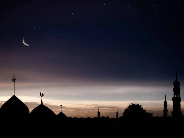 Mosque Dome Mubarak Muharram Crescent Moon Star Night Twillight Background — Foto de Stock