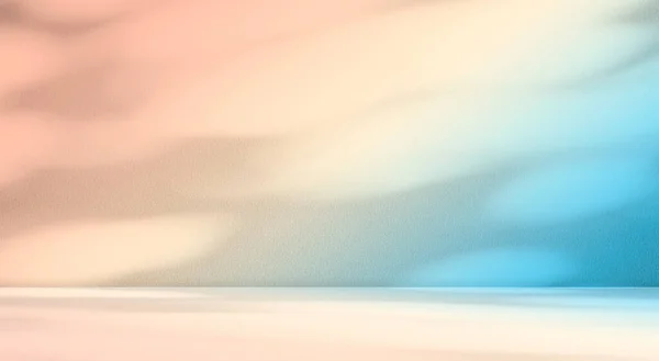 ライトシャドウベージュゴールドブルースタジオルーム背景 テーブル製品のクリームイエロー夏 空の床にオーバーレイ壁のぼかしセメントコンクリートロフト 抽象パステルキッチンカウンターバーテンプレートプラットフォーム — ストック写真