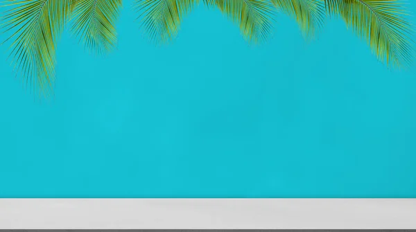 背景蓝色夏季演播室阁楼桌子产品美学背景图 墙面上的叶棕榈蓝色水泥混凝土场景最小模板平台调校柜台厨房架上书桌 — 图库照片