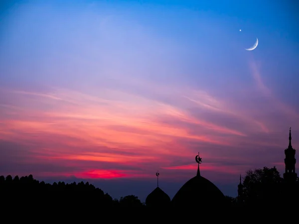 Lune Avec Mosquée Dôme Moubarak Mouharram Ciel Nuit Fond Salutations — Photo
