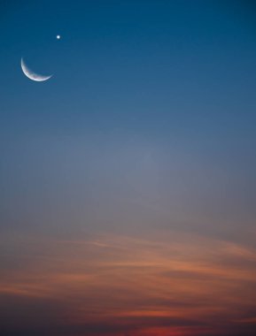 Gökyüzü Ay Gecesi Ramazan Bayram Sembolleri, Hilal Ay Yıldızı iftar Kareem Mübarek Müslüman Müslüman Kutsal Din, Ira Miraj, Kurban Bayramı konsepti.