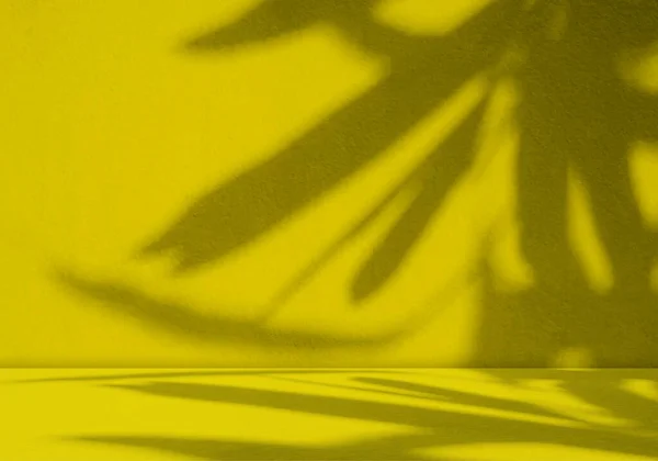 黄色夏の背景 スタジオルームレモン色の影の葉 テーブル製品化粧品熱帯プラットフォームぼかし紙セメント大理石ロフト抽象オーバーレイキッチン最小スペースディスプレイ3Dテンプレートシェルフ — ストック写真