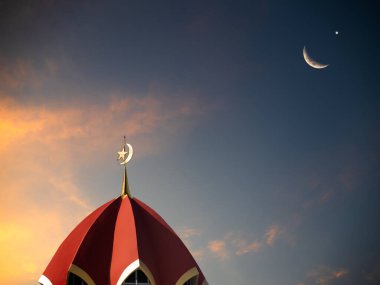 Kızıl Kubbe Camii İslam, Hilal Yıldızı Gökyüzü Günbatımı Arkaplanı, Kurban Bayramı Mübarek Ramazan, İstanbul 'da Mimarlık, İstanbul' da Akşamüstü Namaz Kareem, Seyahat Şerifi Kutsal Arap