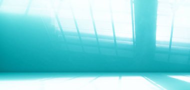 Mavi Gölge Stüdyosu İş Teknolojisi ya da Yaz Tropikal Arkaplanı, Soyut Dokuma Aydınlatma Penceresi Duvardaki Pastel Deniz Rengi Arkaplanı, Mutfak Masası Minimum Model Mekan.