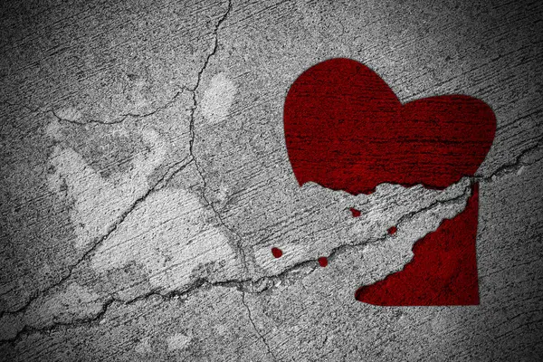 Heart Shape Red Paint Heartbreak Broken on Texture Cement Floor Crack Split Background Card Separation Relationship Uhappy Love Breakup Symbols Mockup Heartbreak Divorce Pictogram Symbols Space Scene.