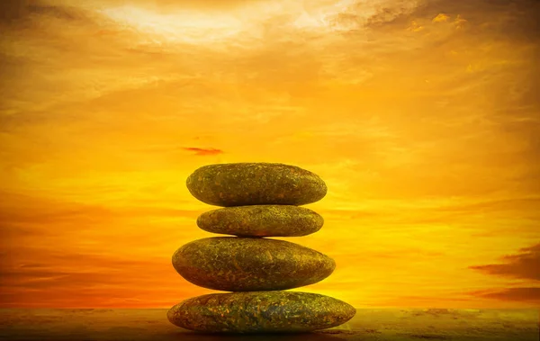 Stone Zen Balance on Sunset Sunrise nature Landscape, Buddhism Therapy Stack Pebble Card for Spa Calm Stability Relax Massage Meditation Aroma Still Harmony, Brocken Heart Concept.