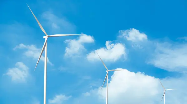 Energy Windmill Power Farm Eco Plant Generator Electric Industry Field Technology Aerial Turbine on blue sky Landscape background, Park Clean Renewable Green Nature Co2 Eco Sustainable Electrical.
