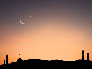 Musque Dome Gece Binası Gökyüzü Ay Batımı Arka plan Mubaruk İslam 'ı selamlıyor Ramazan Element Mescid Aqsa Hac Kabe Umrah Kurban Bayramı Arap İslam Müslümanları selamlıyor.