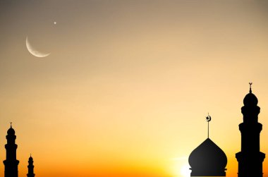 Musque Dome Gece Binası Gökyüzü Ay Batımı Arka plan Mubaruk İslam 'ı selamlıyor Ramazan Element Mescid Aqsa Hac Kabe Umrah Kurban Bayramı Arap İslam Müslümanları selamlıyor.