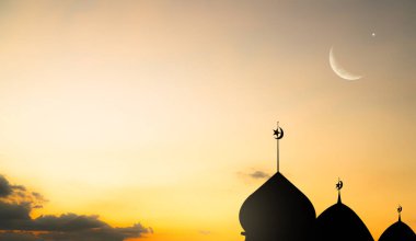 Musque Dome Gece Binası Gökyüzü Ay Batımı Arka plan Mubaruk İslam 'ı selamlıyor Ramazan Element Mescid Aqsa Hac Kabe Umrah Kurban Bayramı Arap İslam Müslümanları selamlıyor.