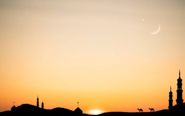 Musque Dome Gece Binası Gökyüzü Ay Batımı Arka plan Mubaruk İslam 'ı selamlıyor Ramazan Element Mescid Aqsa Hac Kabe Umrah Kurban Bayramı Arap İslam Müslümanları selamlıyor.