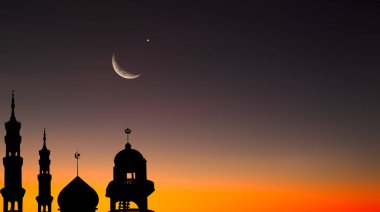 Musque Dome Gece Binası Gökyüzü Ay Batımı Arka plan Mubaruk İslam 'ı selamlıyor Ramazan Element Mescid Aqsa Hac Kabe Umrah Kurban Bayramı Arap İslam Müslümanları selamlıyor.