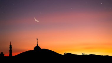Musque Dome Gece Binası Gökyüzü Ay Batımı Arka plan Mubaruk İslam 'ı selamlıyor Ramazan Element Mescid Aqsa Hac Kabe Umrah Kurban Bayramı Arap İslam Müslümanları selamlıyor.