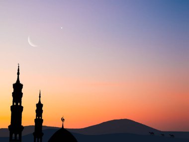 Musque Kubbe Deve Çöl Dağ Gece Binası Gökyüzü Ay Batımı Arka plan Mübarek Ramazan Elemanı Mescid Aqsa Aqj Kaaba Umrah Kurban Bayramı Müslüman Müslümanları selamlıyor.