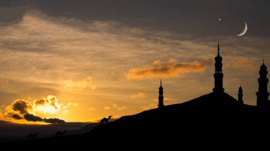 Musque Kubbe Deve Çöl Dağ Gece Binası Gökyüzü Ay Batımı Arka plan Mübarek Ramazan Elemanı Mescid Aqsa Aqj Kaaba Umrah Kurban Bayramı Müslüman Müslümanları selamlıyor.