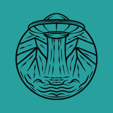 Premium Monoline vintage uzay aracı illüstrasyonu, galaksi ulaşım rozeti, tişört tasarımı için yaratıcı amblem